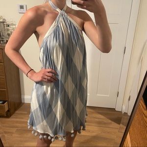 Blue & White Plaid Mini Dress with Pom Poms